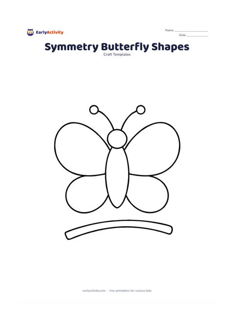 Worksheet: Show a butterfly assembled from a vertical oval body, two large matching oval wings, two smaller matching wings, circle antenna tips and a curved rectangle branch beneath it. Include a…