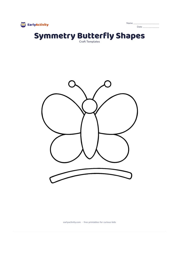 Worksheet: Show a butterfly assembled from a vertical oval body, two large matching oval wings, two smaller matching wings, circle antenna tips and a curved rectangle branch beneath it. Include a…