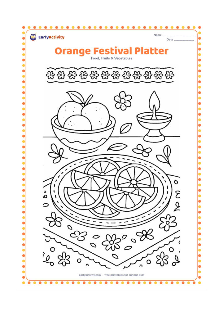 Colouring page: Draw a festive Indian table with a decorated platter of orange slices, a bowl of whole oranges, leaves and small flowers. Add a simple patterned cloth and a lamp safely in the…
