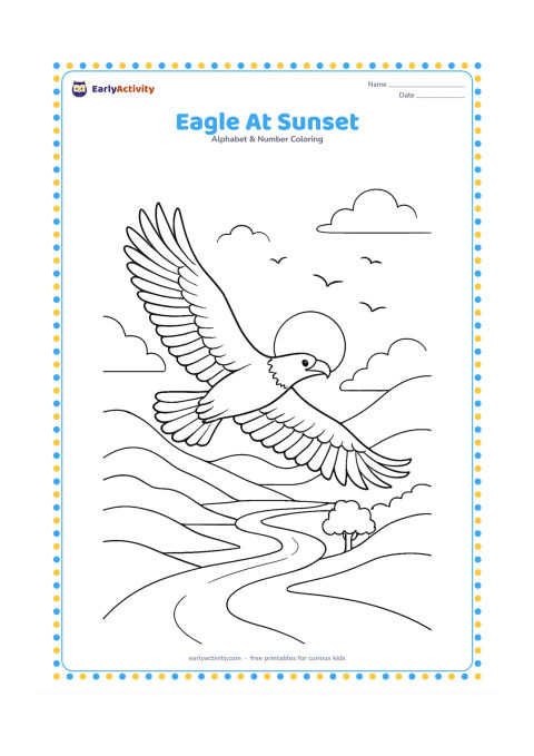 Colouring page: Draw an eagle gliding over layered hills as the sun sets behind distant trees. Include a calm river winding through the valley and several flying birds far away.