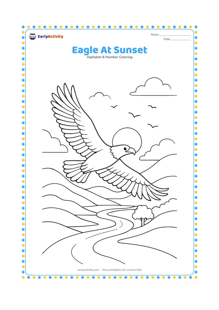 Colouring page: Draw an eagle gliding over layered hills as the sun sets behind distant trees. Include a calm river winding through the valley and several flying birds far away.