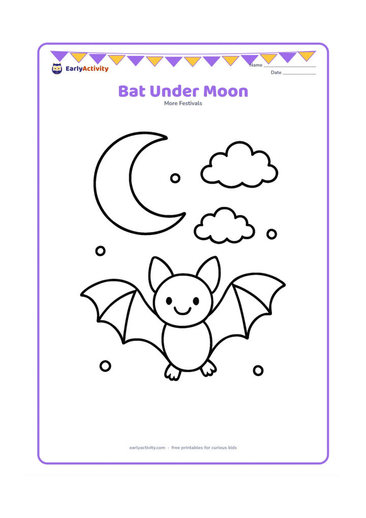 Colouring page: Draw one friendly bat flying below a large crescent moon, with two fluffy clouds and a few round stars in the background. Give the bat a happy face and spread wings.