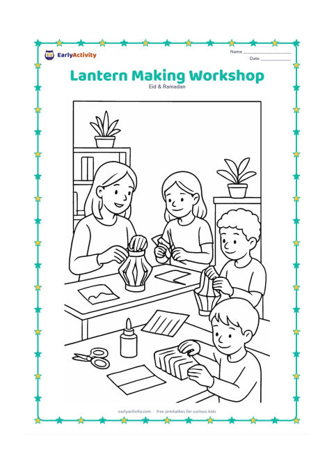 Colouring page: Children and an adult make paper lanterns at a classroom activity table, with scissors, glue, folded paper, finished lanterns, shelves, plants, and a blank wall behind them.