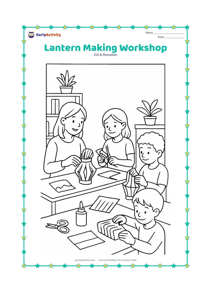 Colouring page: Children and an adult make paper lanterns at a classroom activity table, with scissors, glue, folded paper, finished lanterns, shelves, plants, and a blank wall behind them.