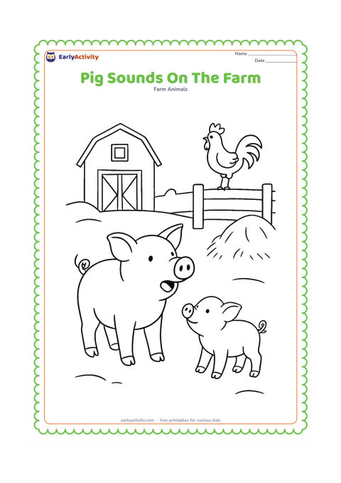 Colouring page: A pig stands with its mouth slightly open as if grunting, while a piglet beside it looks up. Show a barn, fence, haystack and a rooster in the distance, with no sound words or symbols.