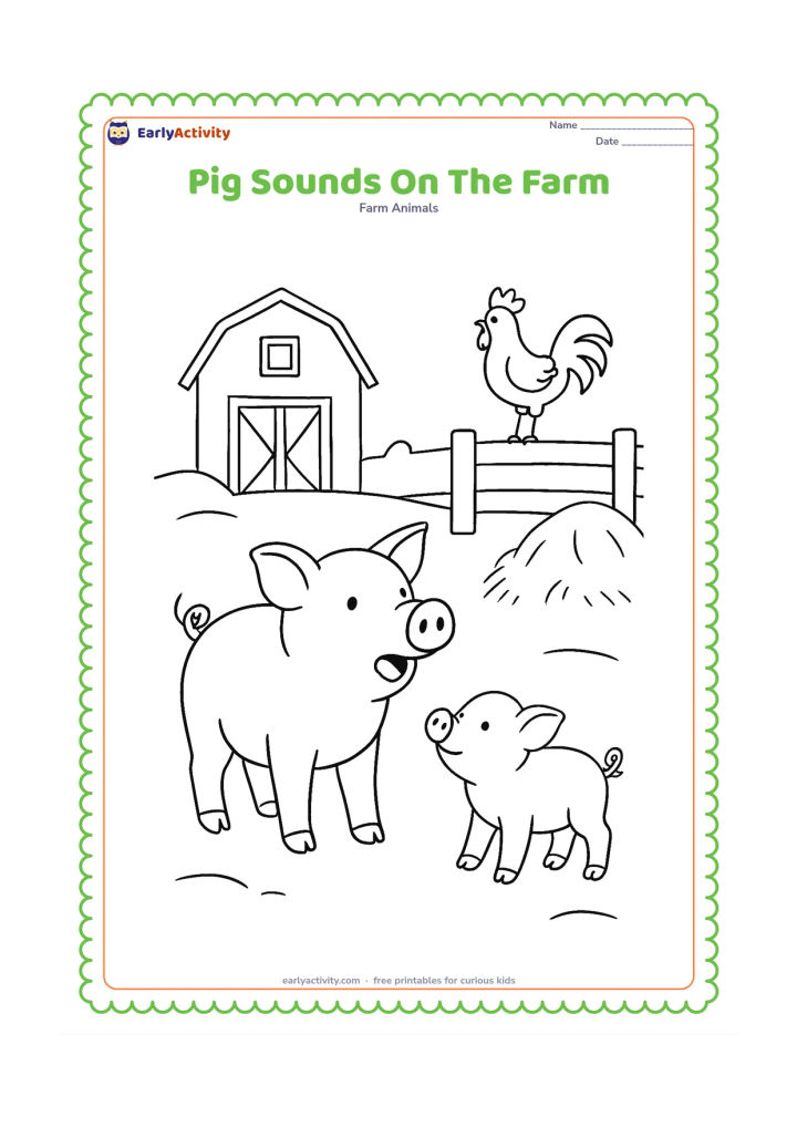 Colouring page: A pig stands with its mouth slightly open as if grunting, while a piglet beside it looks up. Show a barn, fence, haystack and a rooster in the distance, with no sound words or symbols.