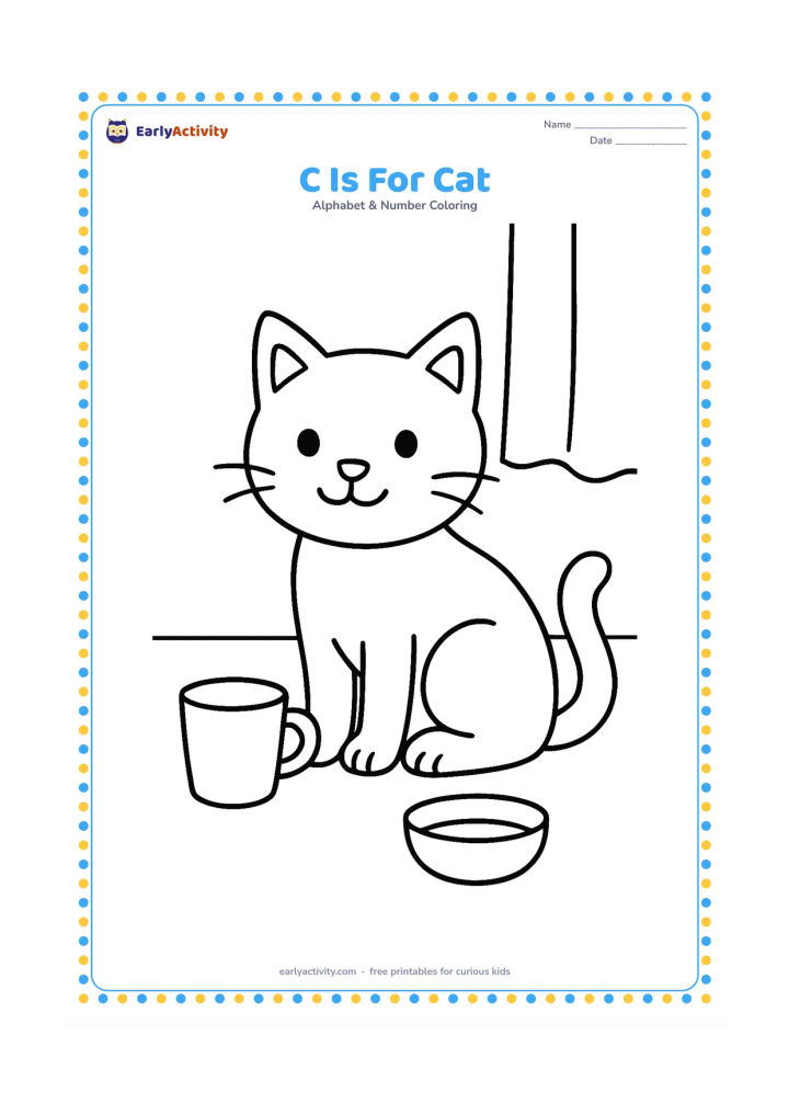 Colouring page: Draw a friendly cat sitting beside a simple cup on a kitchen floor, with a small bowl and one curtain in the background. Make the cat the main focus.
