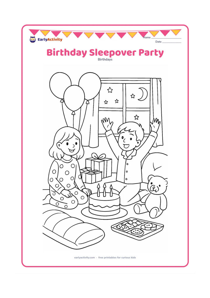 Colouring page: Children in comfortable pajamas celebrate indoors with a cake, balloons, wrapped gifts, cushions, sleeping bags, a soft toy, and a tray of snacks. Show a window with a dark sky and stars.