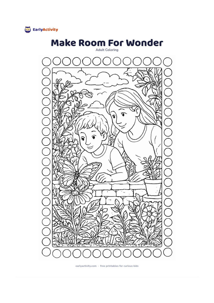 Colouring page: A child and adult explore a lush garden together, leaning toward a large butterfly on a flower while observing it with gentle curiosity. Include a low stone wall, pots, vines, mushrooms,…
