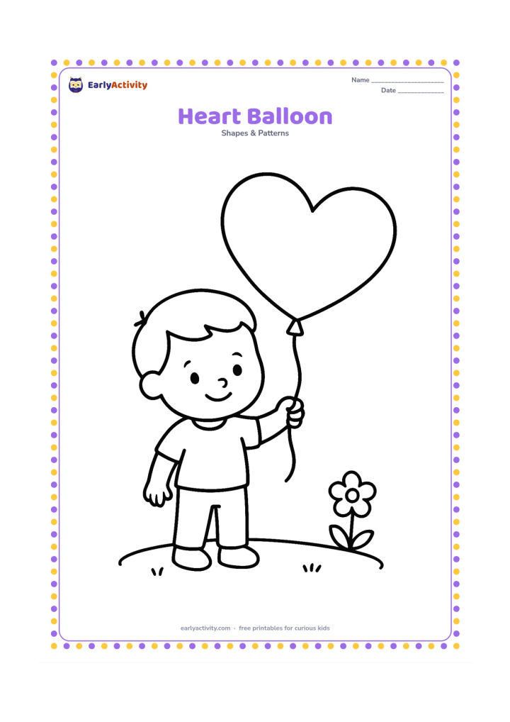 Colouring page: A child holds one large heart-shaped balloon by a curved string, standing on a simple patch of grass with one flower nearby.