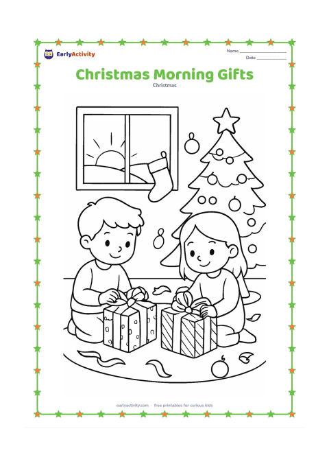 Colouring page: Two children sit on a rug opening separate gifts beside a decorated Christmas tree. Include a window with a simple sunrise, scattered ribbons, stockings and a few ornaments.