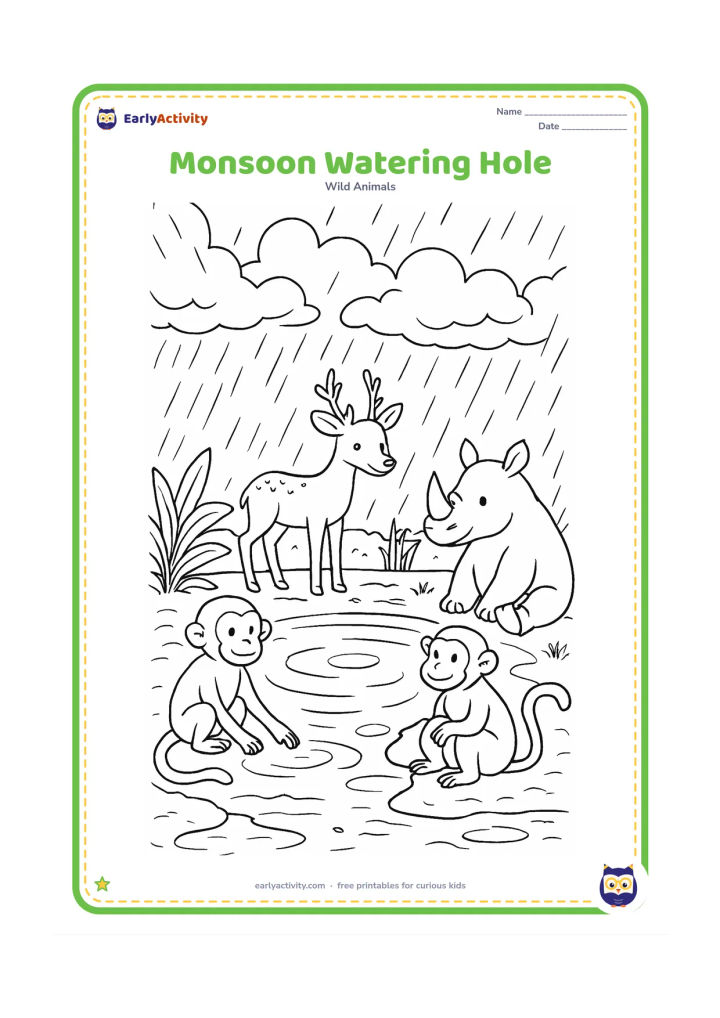 Colouring page: Draw monkeys, deer and a rhino gathering peacefully around a full watering hole during an Indian monsoon. Include broad rain clouds, puddles, banana-like leaves, reeds, a muddy bank and…