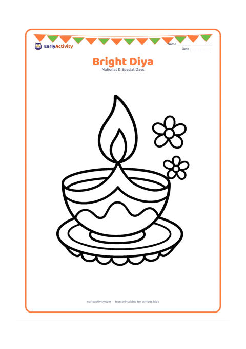 Colouring page: Draw one large diya lamp with a tall flame, resting on a simple decorative plate. Add a few large curved patterns on the lamp and two small flower shapes beside it.