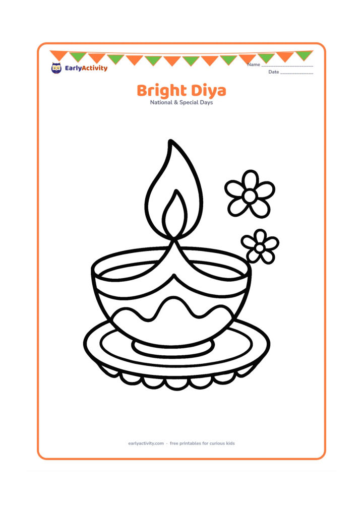 Colouring page: Draw one large diya lamp with a tall flame, resting on a simple decorative plate. Add a few large curved patterns on the lamp and two small flower shapes beside it.