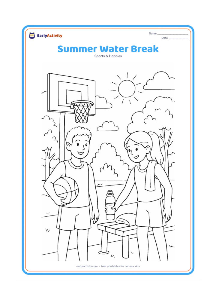 Colouring page: Two players pause beside an outdoor hoop after a game, with basketballs, water bottles, towels, a bench, leafy trees, and a bright summer sky. One player holds a ball while the other…