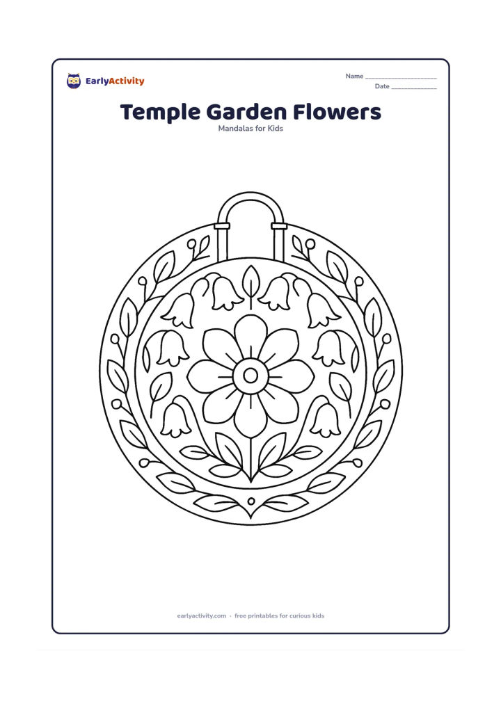 Colouring page: A circular floral mandala with a large central flower, a ring of bell-shaped blossoms and an outer border of leaves and small buds inspired by a peaceful Indian temple garden. Include a…