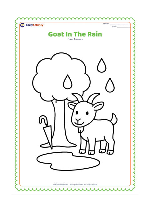 Colouring page: Draw a goat standing under a simple broad tree during a gentle shower, with three large raindrops, a puddle, and a small umbrella leaning against the tree. Do not cover the goat with the…