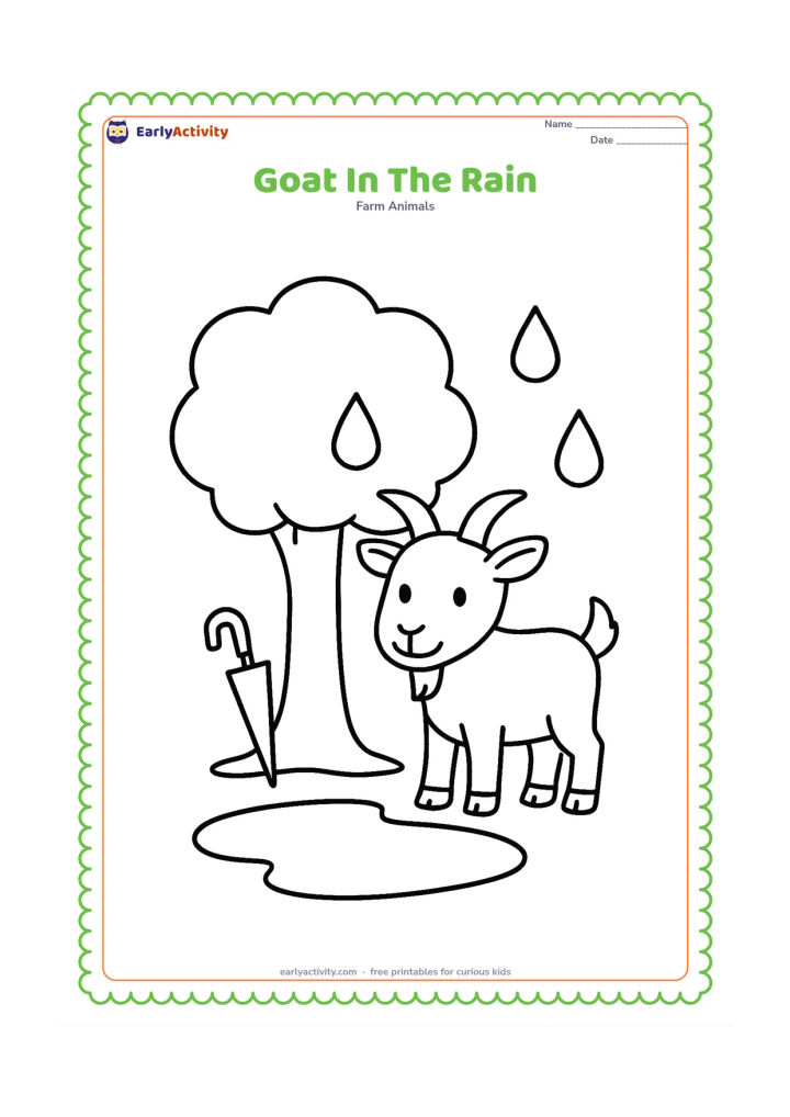 Colouring page: Draw a goat standing under a simple broad tree during a gentle shower, with three large raindrops, a puddle, and a small umbrella leaning against the tree. Do not cover the goat with the…