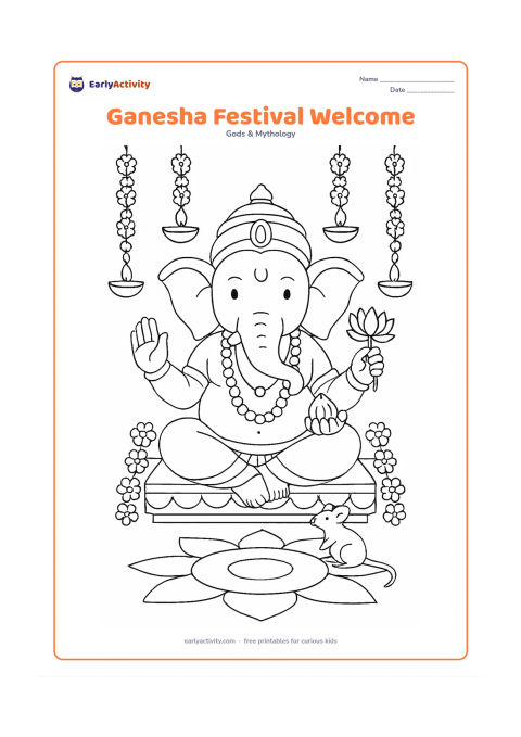 Colouring page: Lord Ganesha sits on a decorated platform during a festive celebration, holding a lotus and a modak. Surround him with flower garlands, a few hanging lamps, a mouse and a simple rangoli…