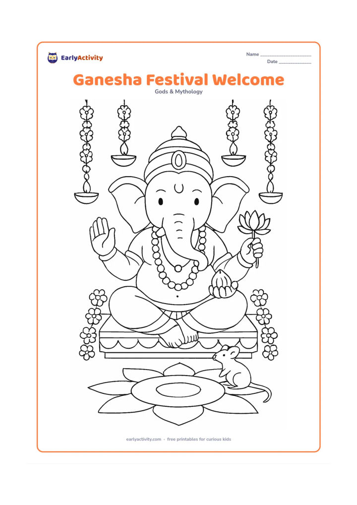 Colouring page: Lord Ganesha sits on a decorated platform during a festive celebration, holding a lotus and a modak. Surround him with flower garlands, a few hanging lamps, a mouse and a simple rangoli…