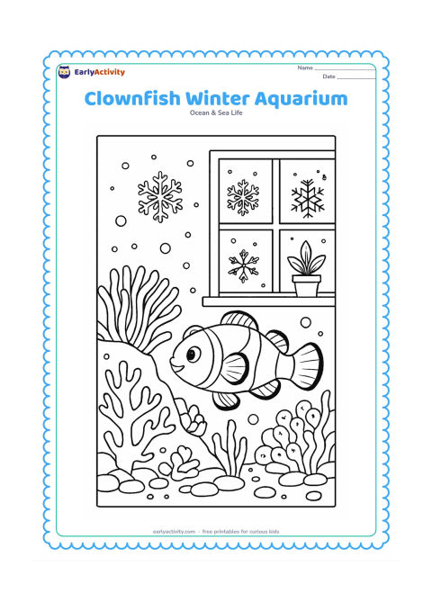 Colouring page: Place a clownfish in a decorated aquarium reef while snowflakes are visible outside a nearby window, with anemone tentacles, coral, bubbles, seaweed, pebbles, and a simple plant on the…