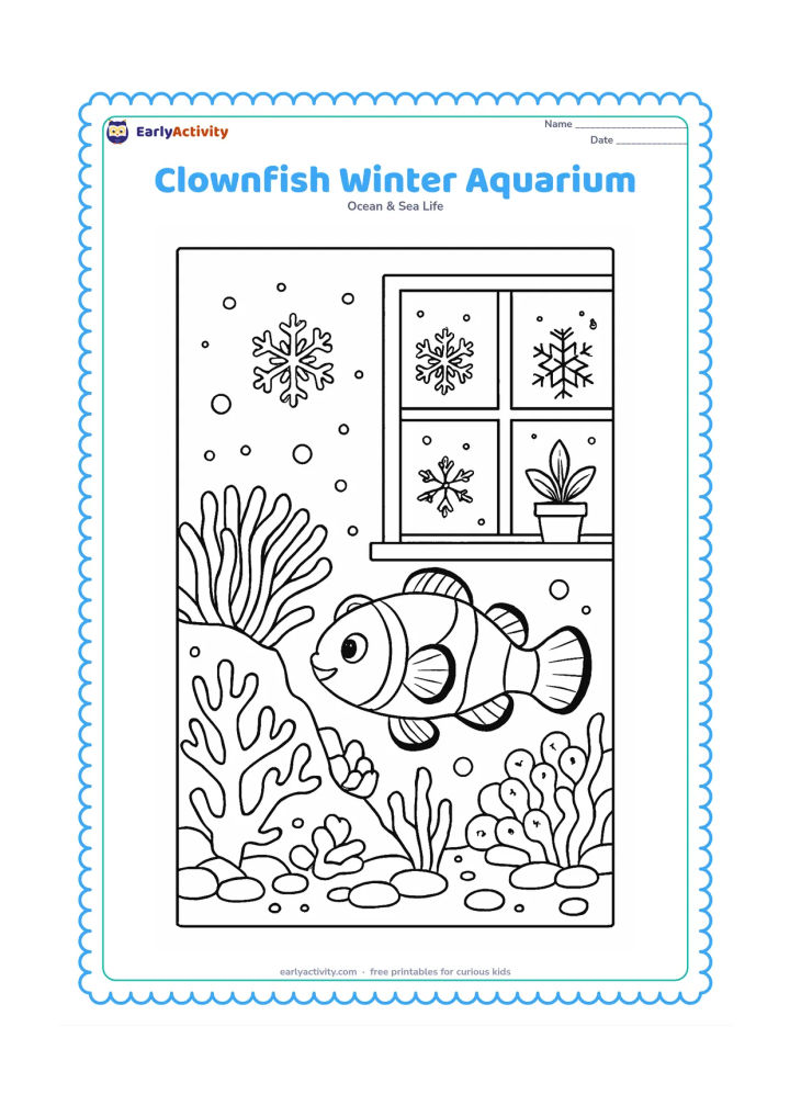 Colouring page: Place a clownfish in a decorated aquarium reef while snowflakes are visible outside a nearby window, with anemone tentacles, coral, bubbles, seaweed, pebbles, and a simple plant on the…