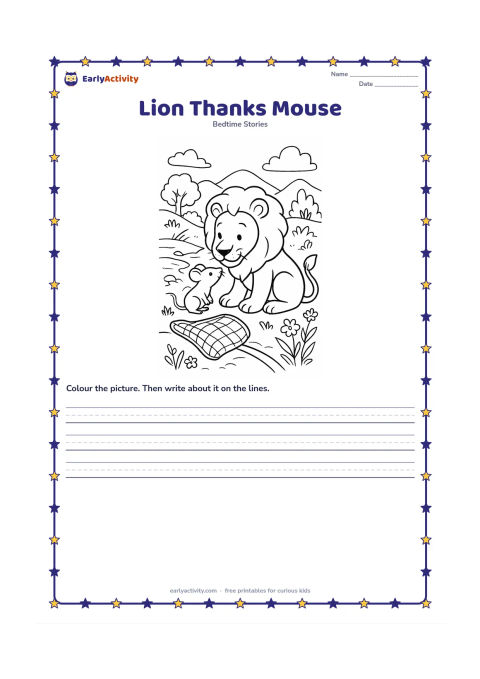 Printable: The lion kneels and gently touches noses with the mouse in thanks beside the opened net. Add wildflowers, a stream and distant green hills in an Indian woodland landscape.