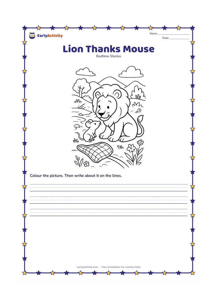 Printable: The lion kneels and gently touches noses with the mouse in thanks beside the opened net. Add wildflowers, a stream and distant green hills in an Indian woodland landscape.