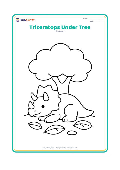 Colouring page: A triceratops resting beneath one large prehistoric tree with a broad canopy. Add a few large fallen leaves and a simple patch of ground.