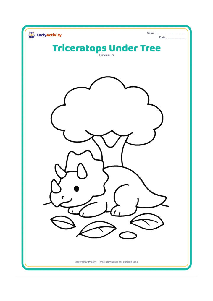 Colouring page: A triceratops resting beneath one large prehistoric tree with a broad canopy. Add a few large fallen leaves and a simple patch of ground.