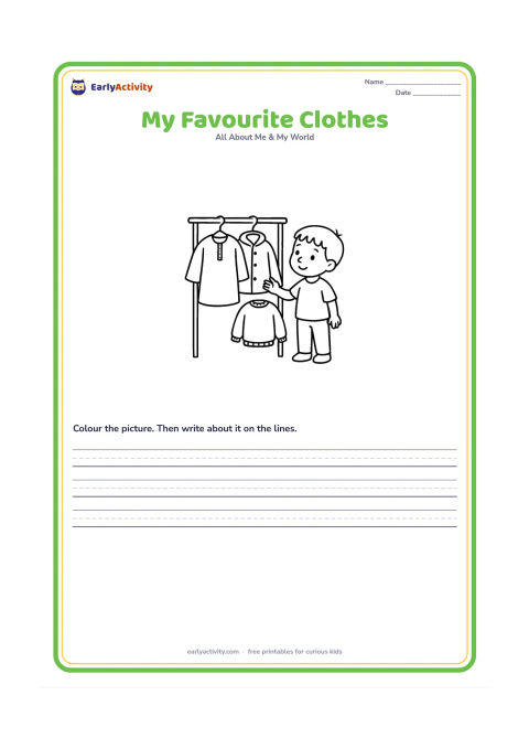 Worksheet: A child stands beside three clothing choices hanging on a simple rail: a bright kurta, a raincoat and a sweater. The child reaches toward one choice and wears comfortable everyday clothes.