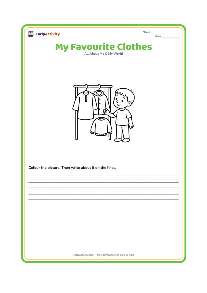 Worksheet: A child stands beside three clothing choices hanging on a simple rail: a bright kurta, a raincoat and a sweater. The child reaches toward one choice and wears comfortable everyday clothes.