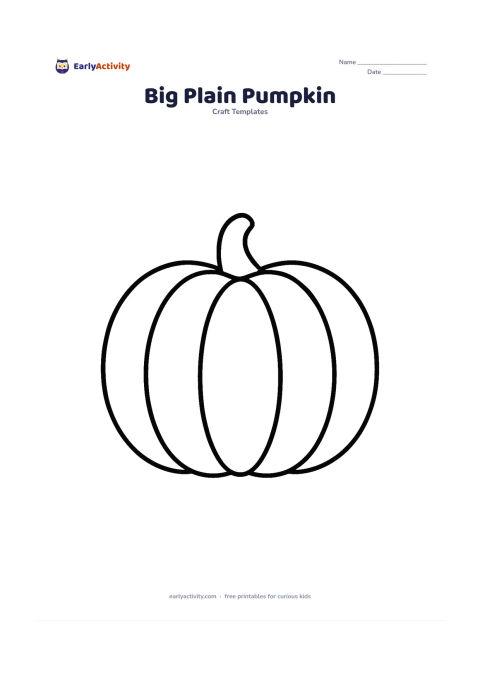 Worksheet: A single very large pumpkin outline centered on the page, with a wide open interior, a short stem, and three broad curved sections. Leave the shape uncluttered for colouring and cutting.