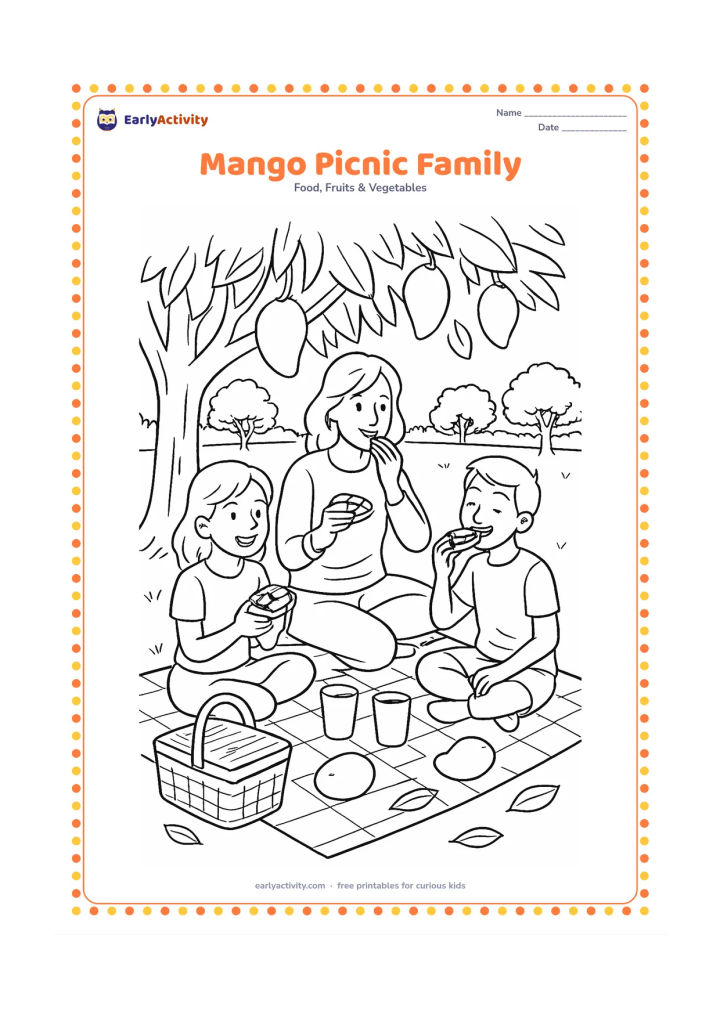 Colouring page: Show a family sharing sliced mangoes on a picnic blanket under a mango tree, with a basket, cups, fallen leaves and distant orchard trees.