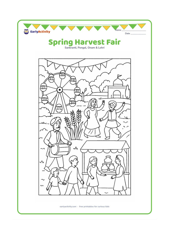Colouring page: A busy Baisakhi fair includes a small Ferris wheel, a wheat display, a dhol performance, dancers, a pot stall and families walking between decorated booths. Add trees, bunting with blank…