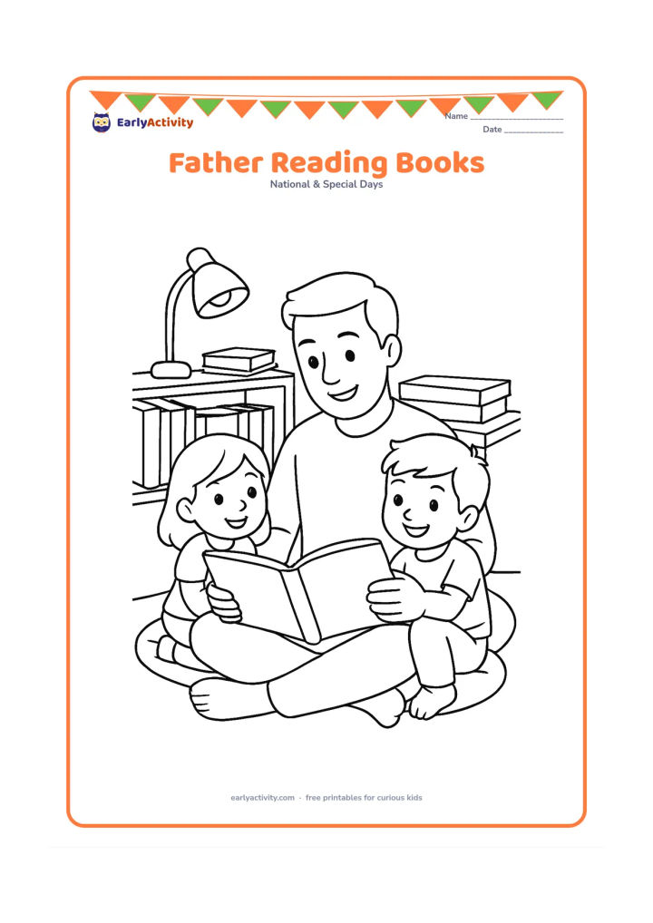 Colouring page: A father reads an open picture book with two children seated beside him on a floor cushion, with a low bookshelf, stacked books and a reading lamp.