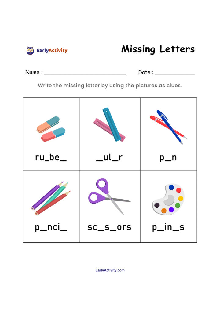 Worksheet with six school supply pictures, including rubbers, a ruler, pens, pencils, scissors and paints, beside incomplete words.