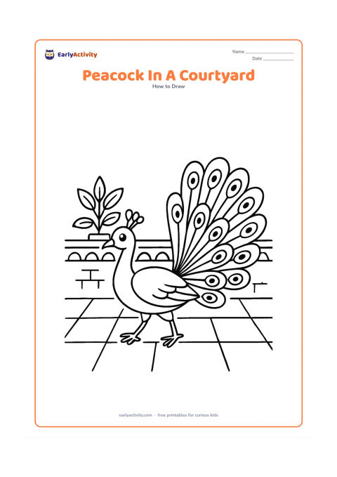 Worksheet: A peacock walks across an Indian home courtyard with its tail partly open. Include a low patterned wall, a clay pot with a leafy plant and simple floor tiles behind and below the bird.