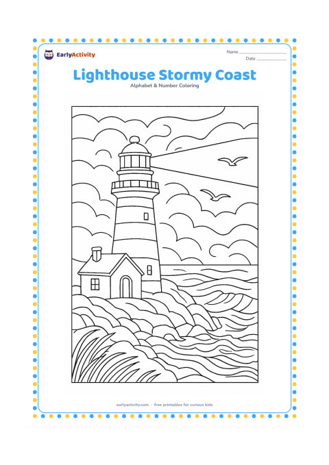 Colouring page: Draw a lighthouse on a rocky coastline during breezy weather, with sweeping clouds, textured waves, a keeper's cottage, seabirds and grasses bending in the wind. Keep the lighthouse…