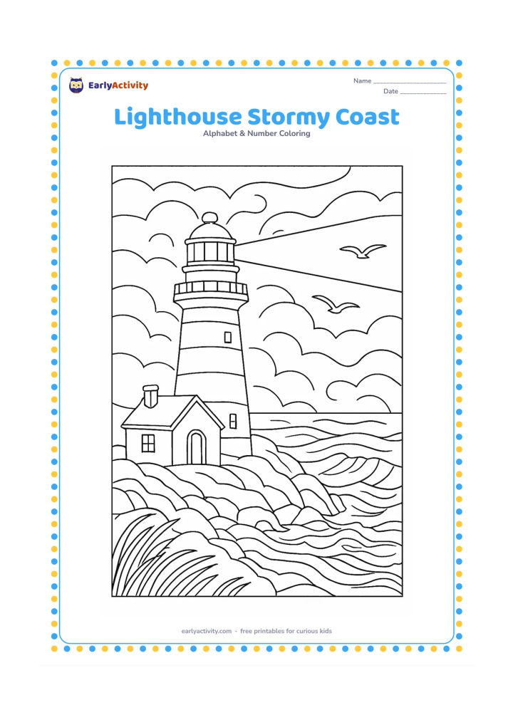 Colouring page: Draw a lighthouse on a rocky coastline during breezy weather, with sweeping clouds, textured waves, a keeper's cottage, seabirds and grasses bending in the wind. Keep the lighthouse…