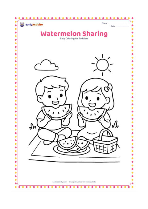 Colouring page: Draw two children sitting on a picnic mat and sharing large watermelon wedges from a plate. Include a small basket, a few broad blades of grass and a sunny open sky.