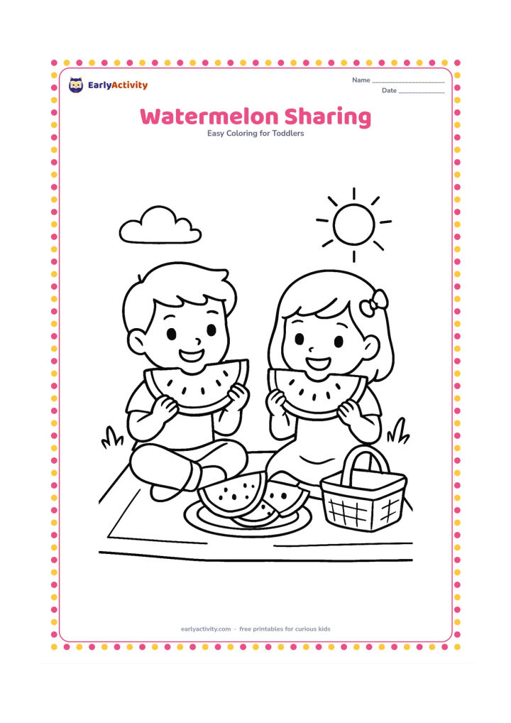 Colouring page: Draw two children sitting on a picnic mat and sharing large watermelon wedges from a plate. Include a small basket, a few broad blades of grass and a sunny open sky.