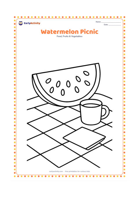 Colouring page: Draw a large watermelon slice on a simple picnic cloth beside one cup and one napkin. Include a few broad cloth checks and plenty of open ground.