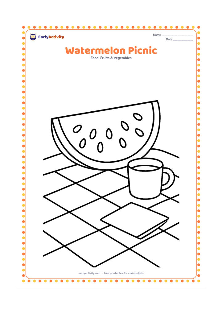 Colouring page: Draw a large watermelon slice on a simple picnic cloth beside one cup and one napkin. Include a few broad cloth checks and plenty of open ground.