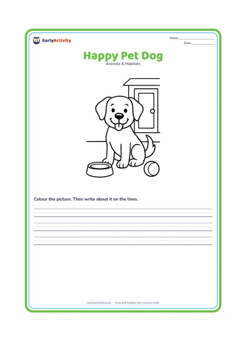Worksheet: Draw a cheerful dog sitting beside a simple home doorway, with a bowl and a round toy nearby. Show the dog in a large front-facing pose with its tail clearly visible.