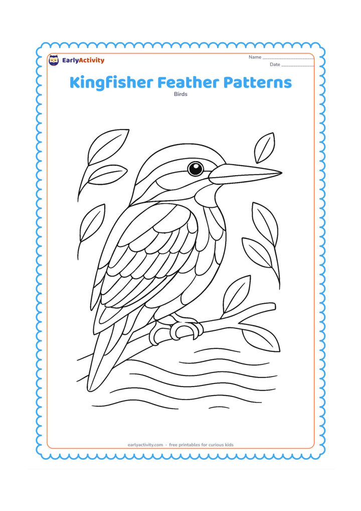 Colouring page: A large side-view kingfisher fills most of the page, with clearly divided wing, tail and breast feather areas surrounded by a few decorative leaves and water ripples. Keep the bird…