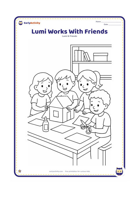 Colouring page: Lumi and three classmates collaborate around a large table, assembling a simple cardboard model of a house from plain shapes. Include glue, scissors, craft paper and a classroom shelf.