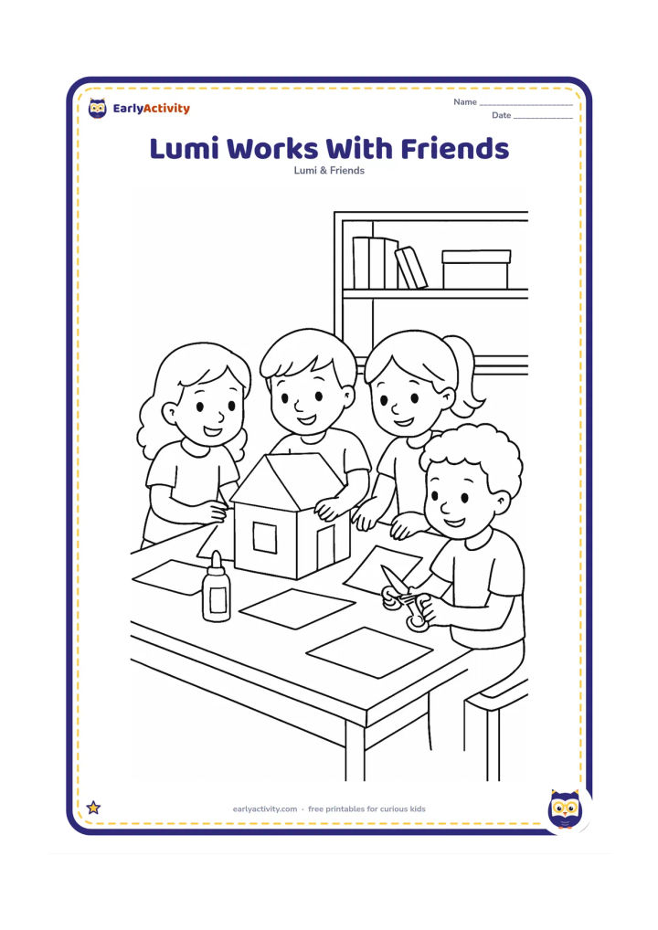 Colouring page: Lumi and three classmates collaborate around a large table, assembling a simple cardboard model of a house from plain shapes. Include glue, scissors, craft paper and a classroom shelf.