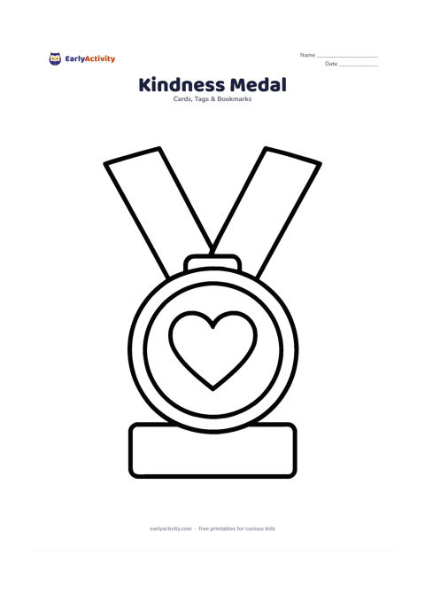 Worksheet: A large round medal with a heart emblem hangs from two broad ribbons at the centre, with a blank name-and-message area underneath. Do not draw any writing, initials or numbers inside the…