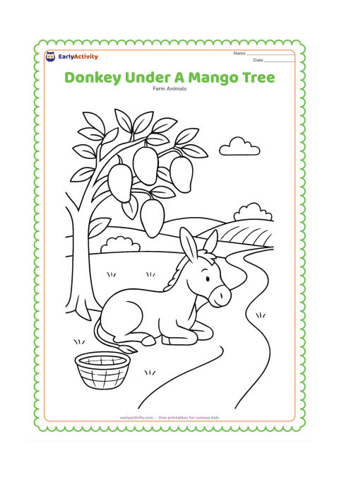 Colouring page: A relaxed donkey rests in the shade beneath a leafy mango tree beside a village path. Show several large mangoes in the canopy, a woven basket on the ground and distant fields.
